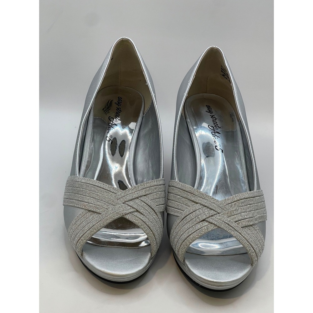 Easy Street Alive Lavish Silver Satin Glitter Peep Toe Heels 9.5 W